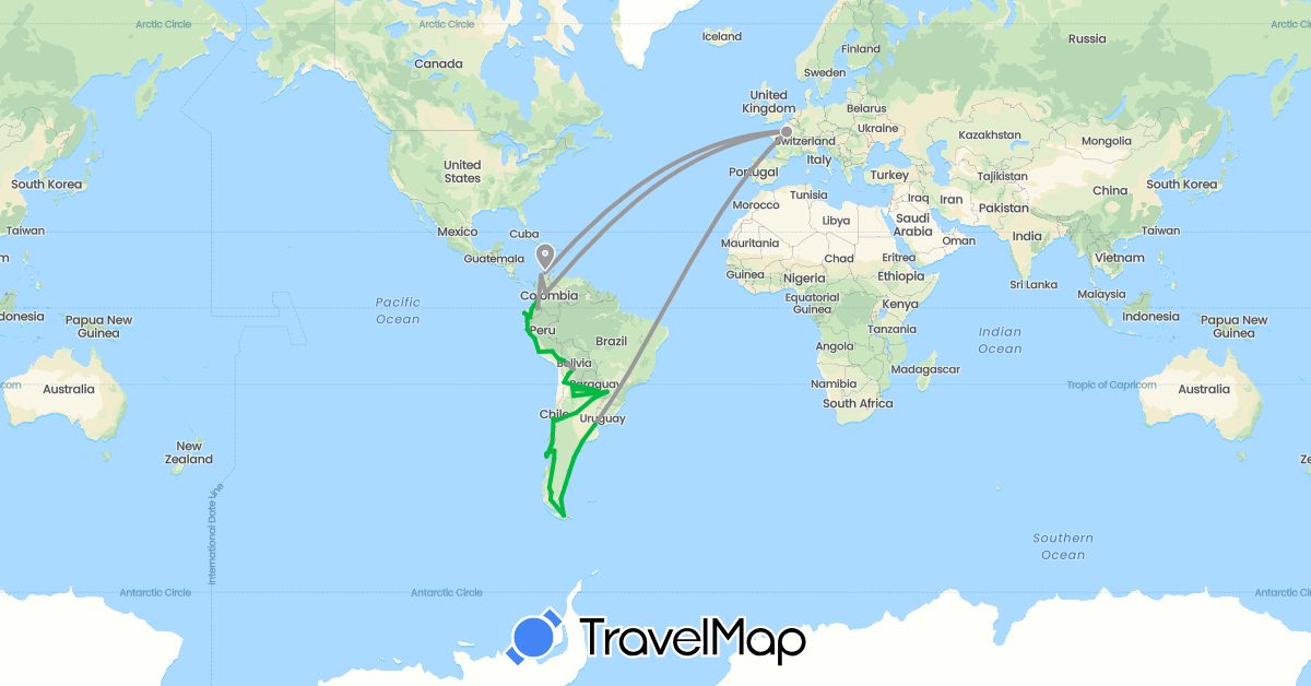 TravelMap itinerary: bus, plane in Argentina, Bolivia, Chile, Colombia, Ecuador, France, Peru, Paraguay (Europe, South America)